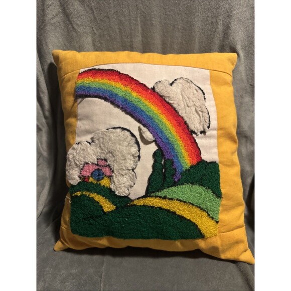 Handmade Other - Vintage Rainbow Latch Hook 70s Handmade Pillow Unique Yellow Green